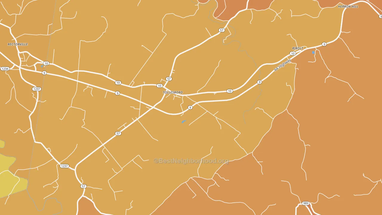 Map of the best neighborhoods in the Tollesboro area, with better matches in green and worse matches in red