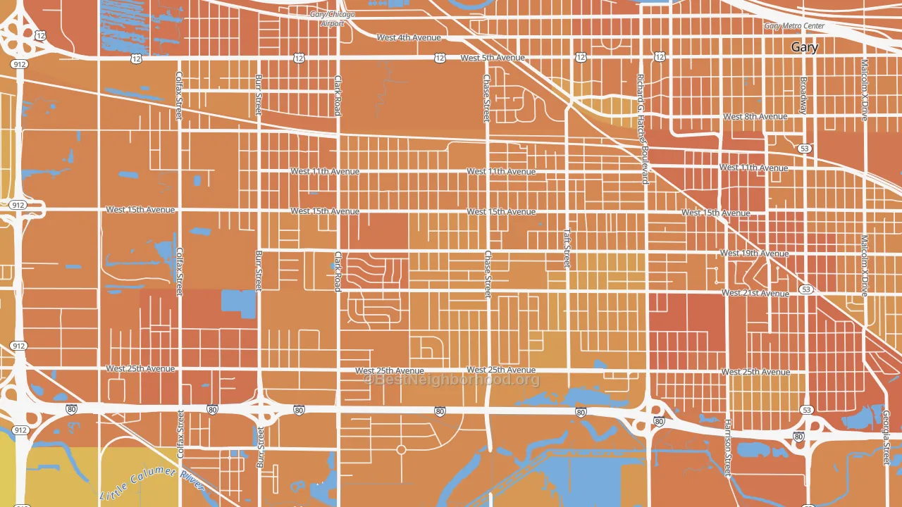 Map of the best neighborhoods in the Tolleston, Gary area, with better matches in green and worse matches in red