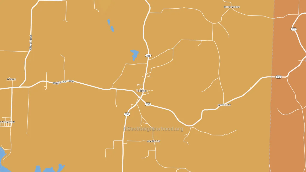 Map of the best neighborhoods in the Tollette area, with better matches in green and worse matches in red