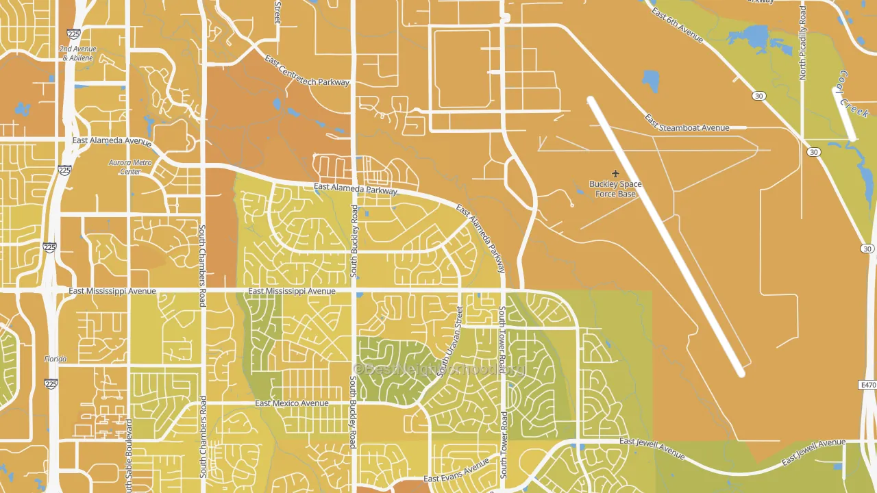 Map of the best neighborhoods in the Tollgate Overlook, Aurora area, with better matches in green and worse matches in red