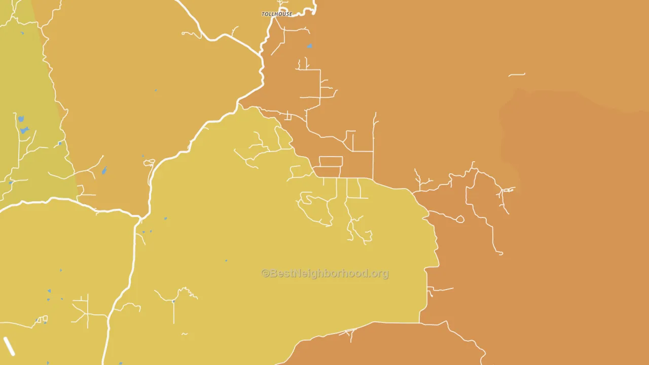 Map of the best neighborhoods in the Tollhouse area, with better matches in green and worse matches in red