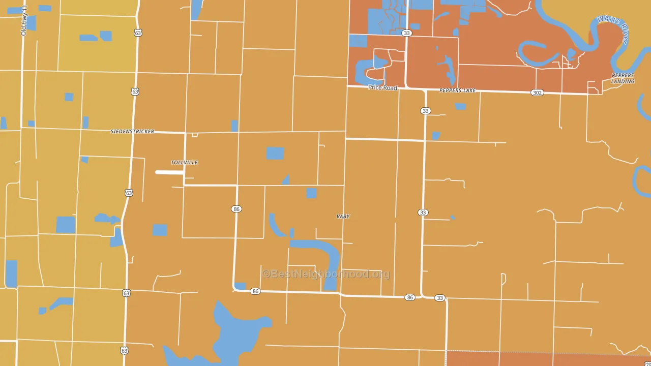 Map of the best neighborhoods in the Tollville area, with better matches in green and worse matches in red