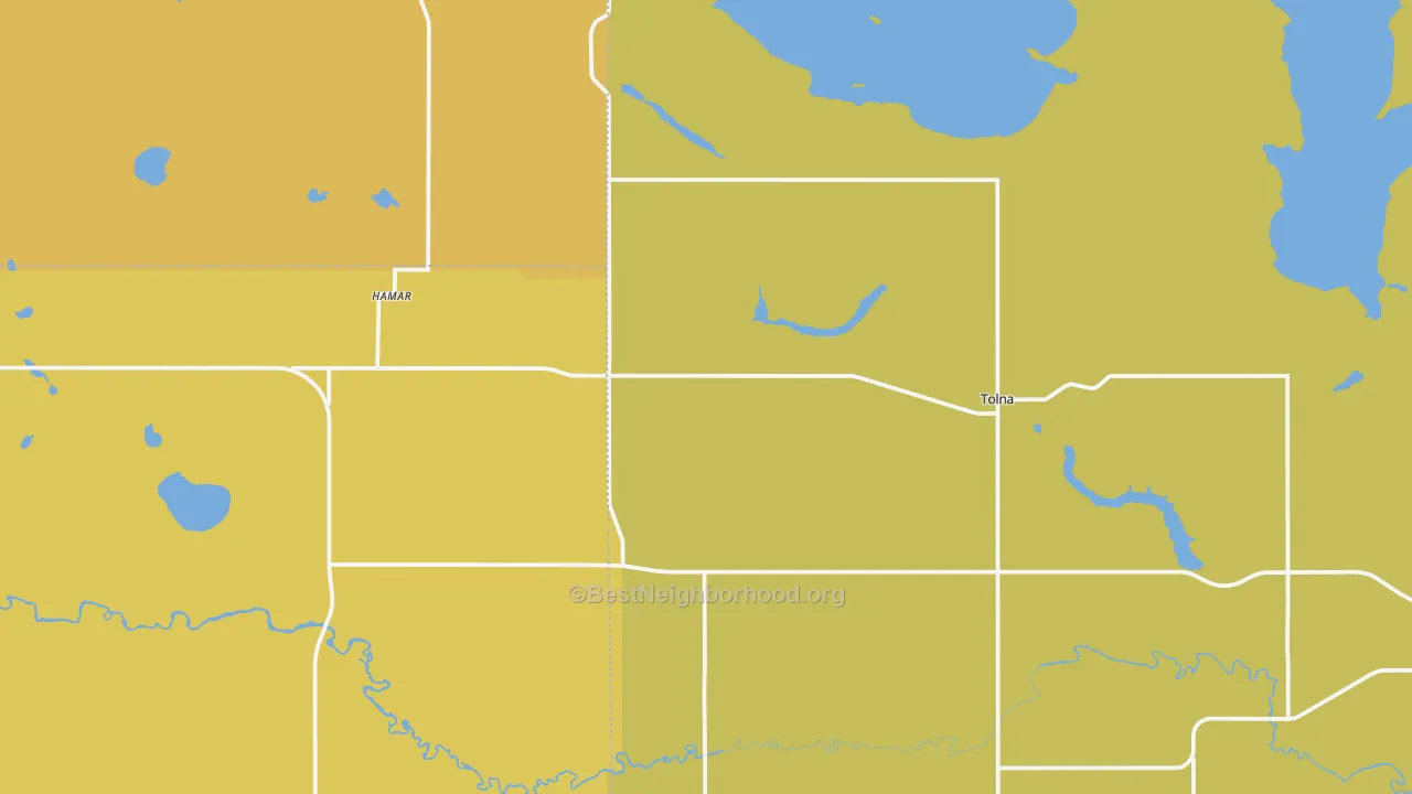 Map of the best neighborhoods in the Tolna area, with better matches in green and worse matches in red