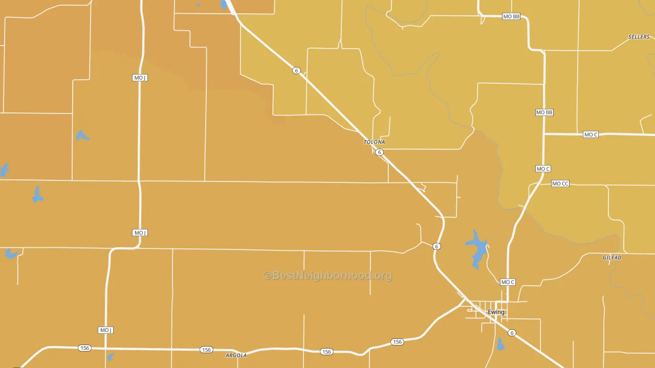 Map of the best neighborhoods in the Tolona area, with better matches in green and worse matches in red