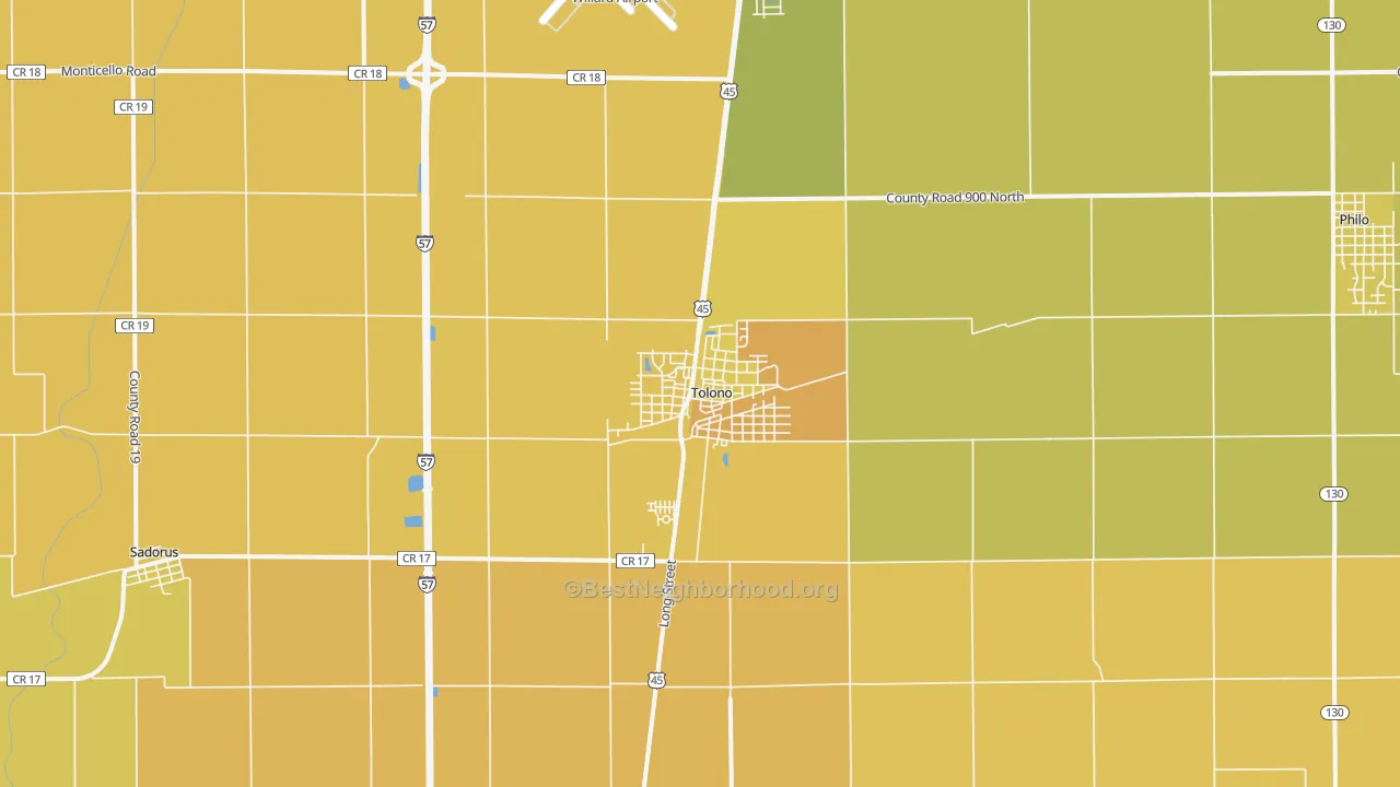 Map of the best neighborhoods in the Tolono area, with better matches in green and worse matches in red