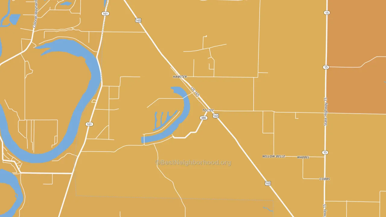 Map of the best neighborhoods in the Toltec area, with better matches in green and worse matches in red