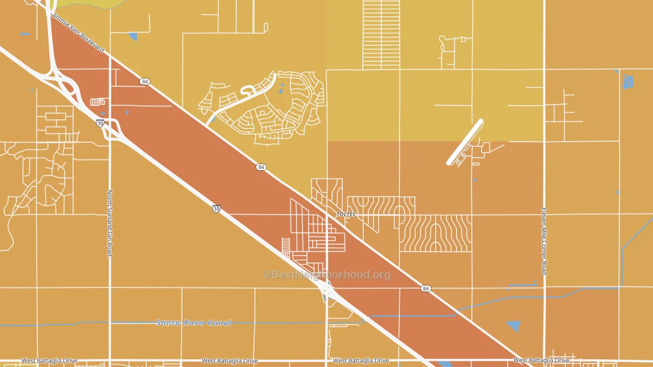Map of the best neighborhoods in the Toltec area, with better matches in green and worse matches in red