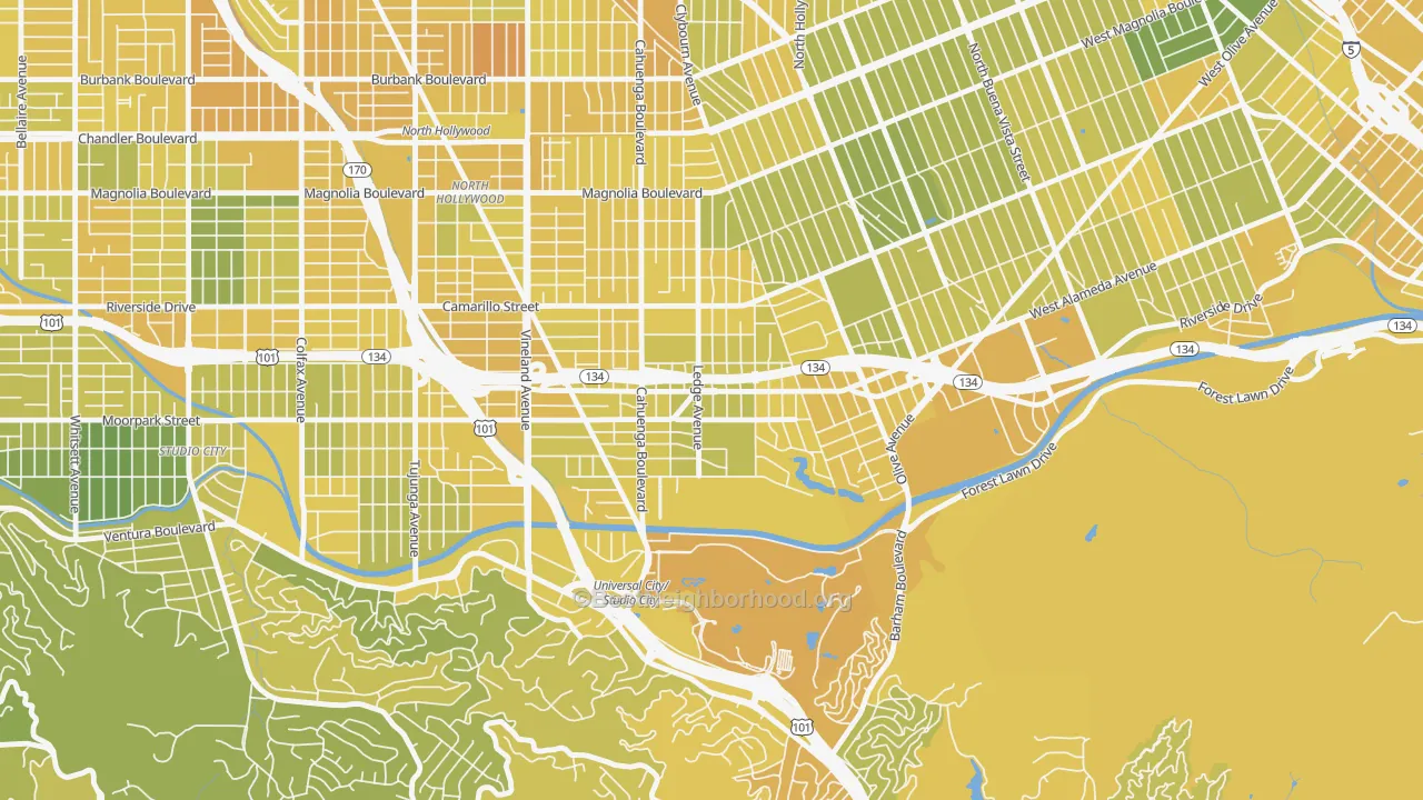 Map of the best neighborhoods in the Toluca Lake, North Hollywood area, with better matches in green and worse matches in red
