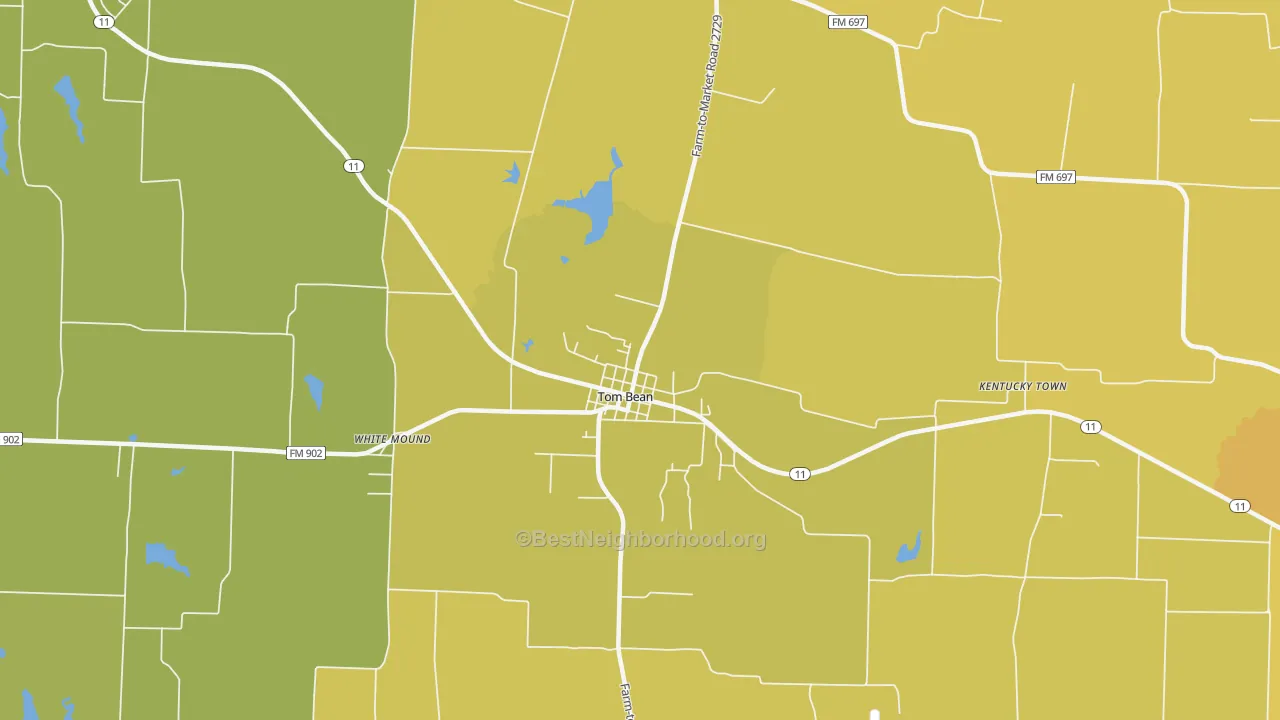 Map of the best neighborhoods in the Tom Bean area, with better matches in green and worse matches in red