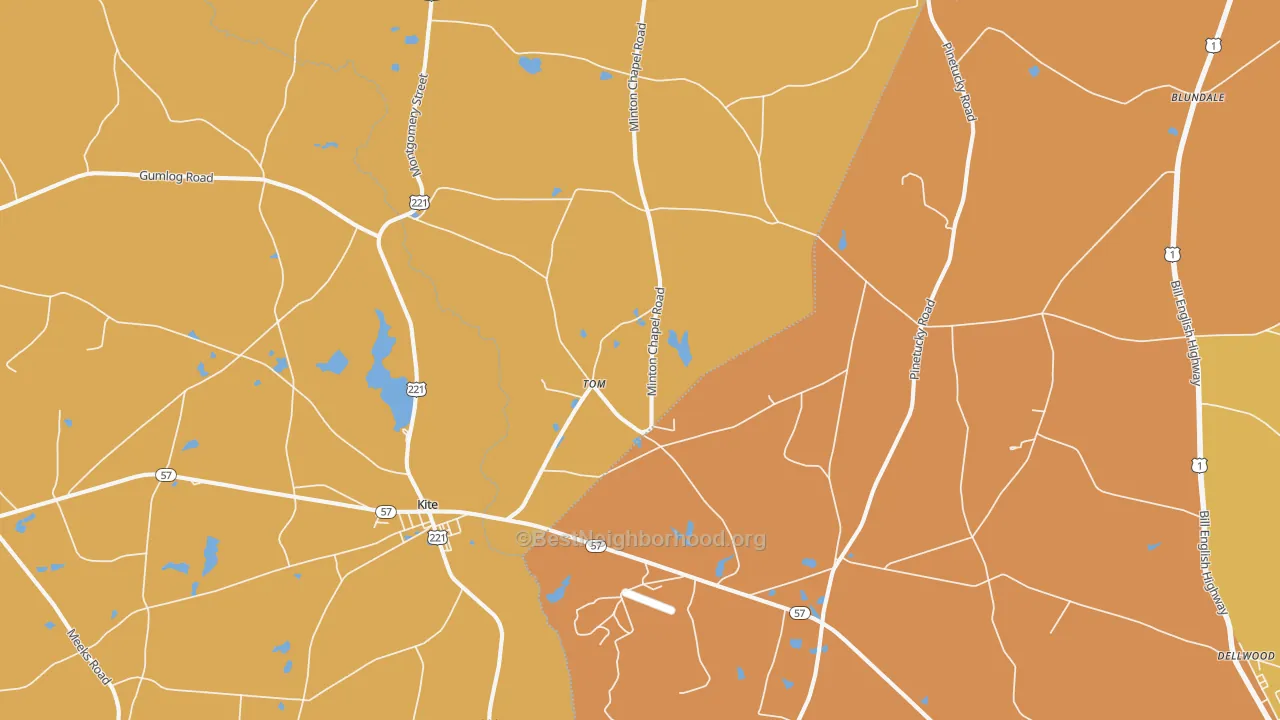 Map of the best neighborhoods in the Tom area, with better matches in green and worse matches in red
