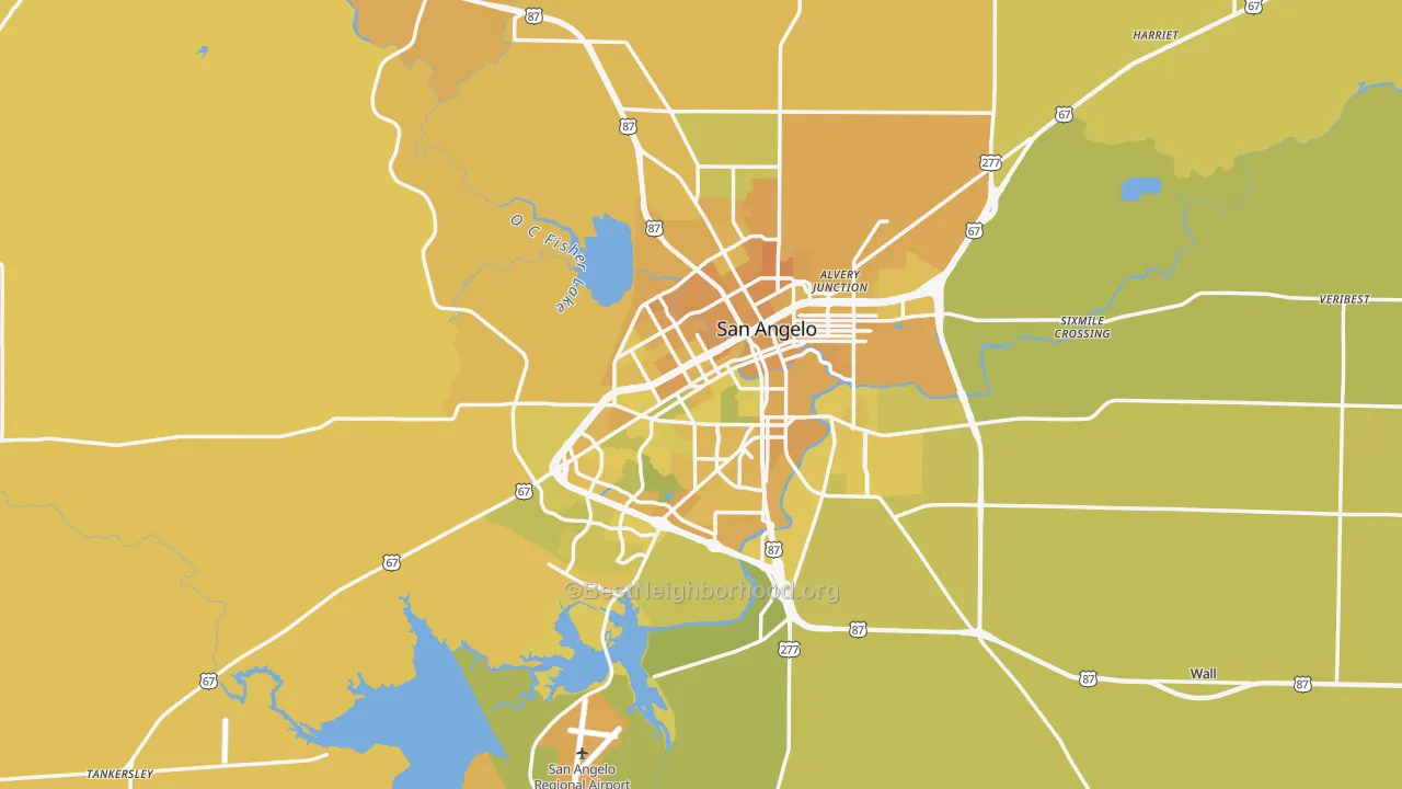 Map of the best neighborhoods in the Tom Green County area, with better matches in green and worse matches in red
