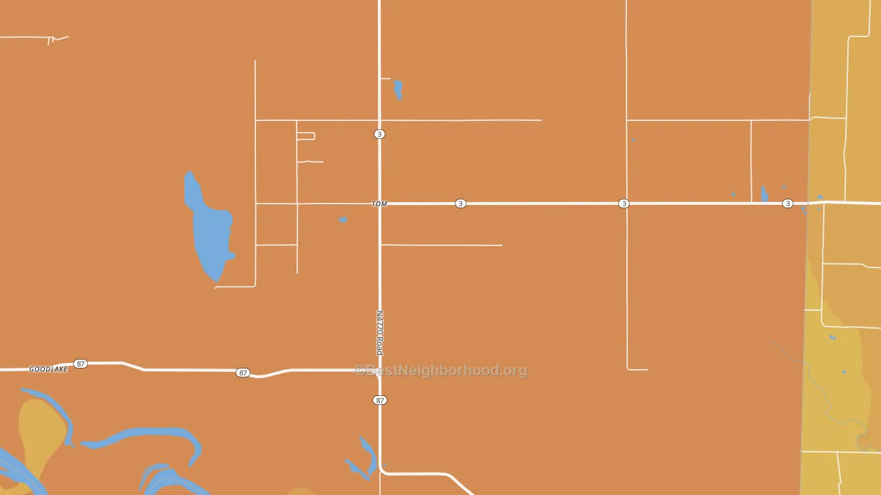 Map of the best neighborhoods in the Tom area, with better matches in green and worse matches in red