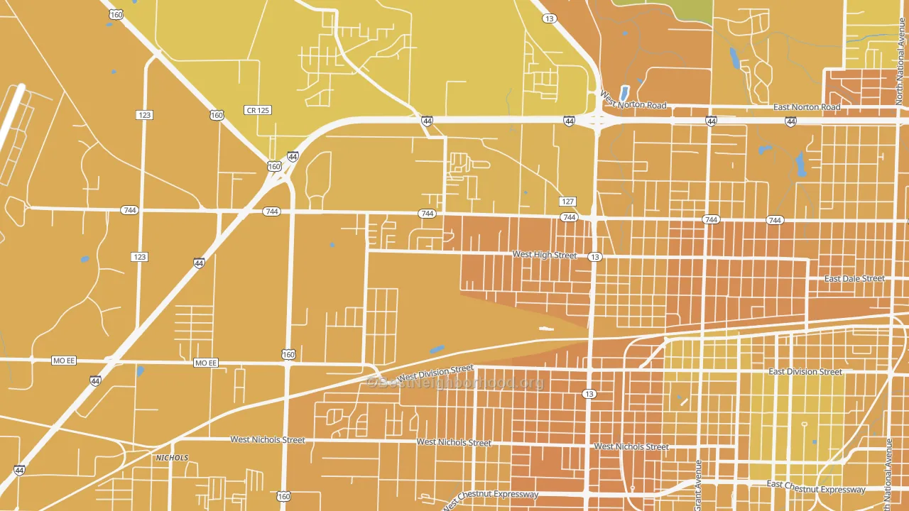 Map of the best neighborhoods in the Tom Watkins, Springfield area, with better matches in green and worse matches in red