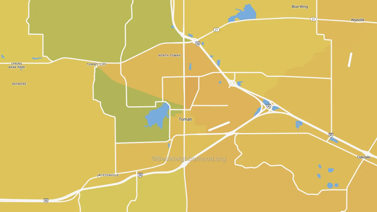 Map of the best neighborhoods in the Tomah area, with better matches in green and worse matches in red