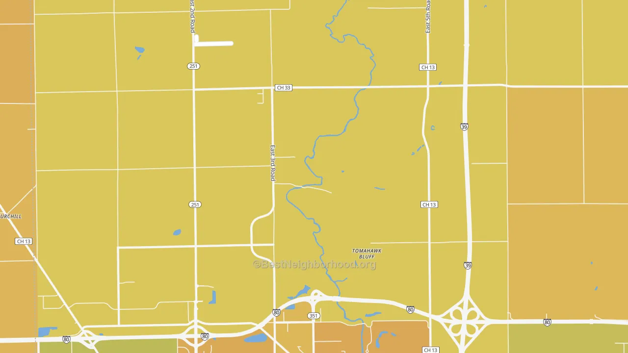 Map of the best neighborhoods in the Tomahawk Bluff area, with better matches in green and worse matches in red