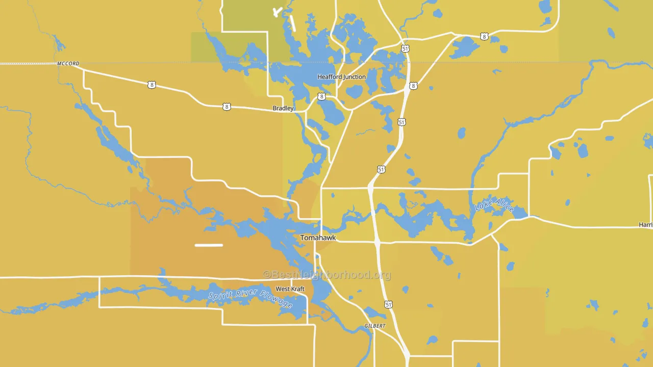Map of the best neighborhoods in the Tomahawk area, with better matches in green and worse matches in red