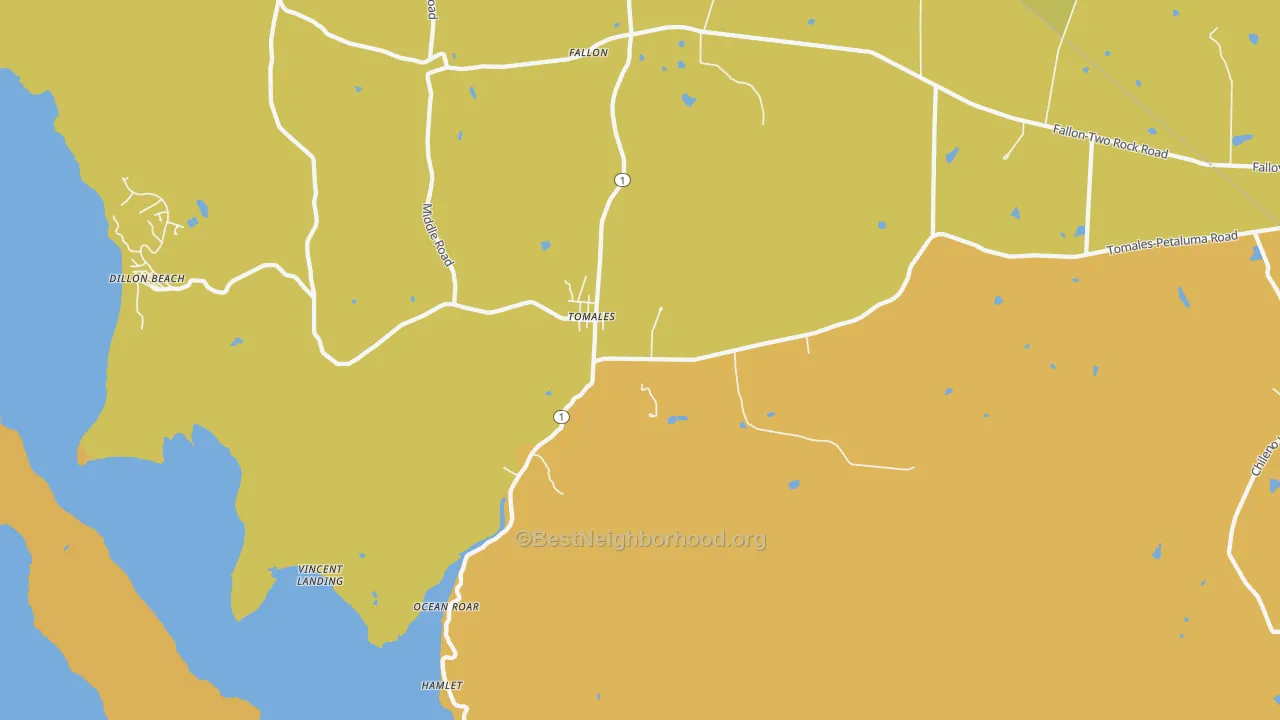 Map of the best neighborhoods in the Tomales area, with better matches in green and worse matches in red
