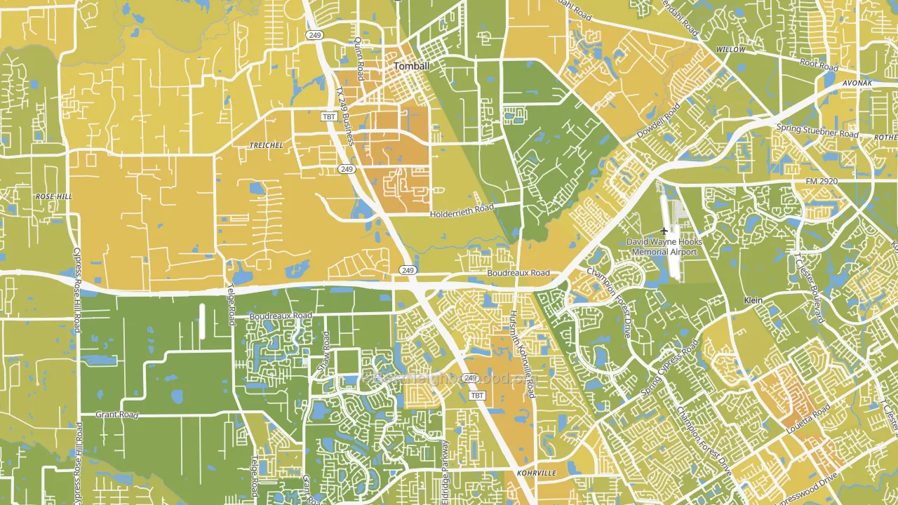 Map of the best neighborhoods in the Tomball area, with better matches in green and worse matches in red