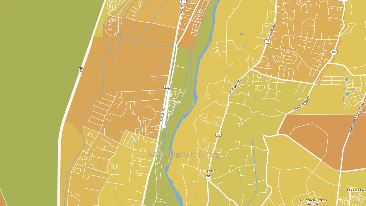 Map of the best neighborhoods in the Tome area, with better matches in green and worse matches in red