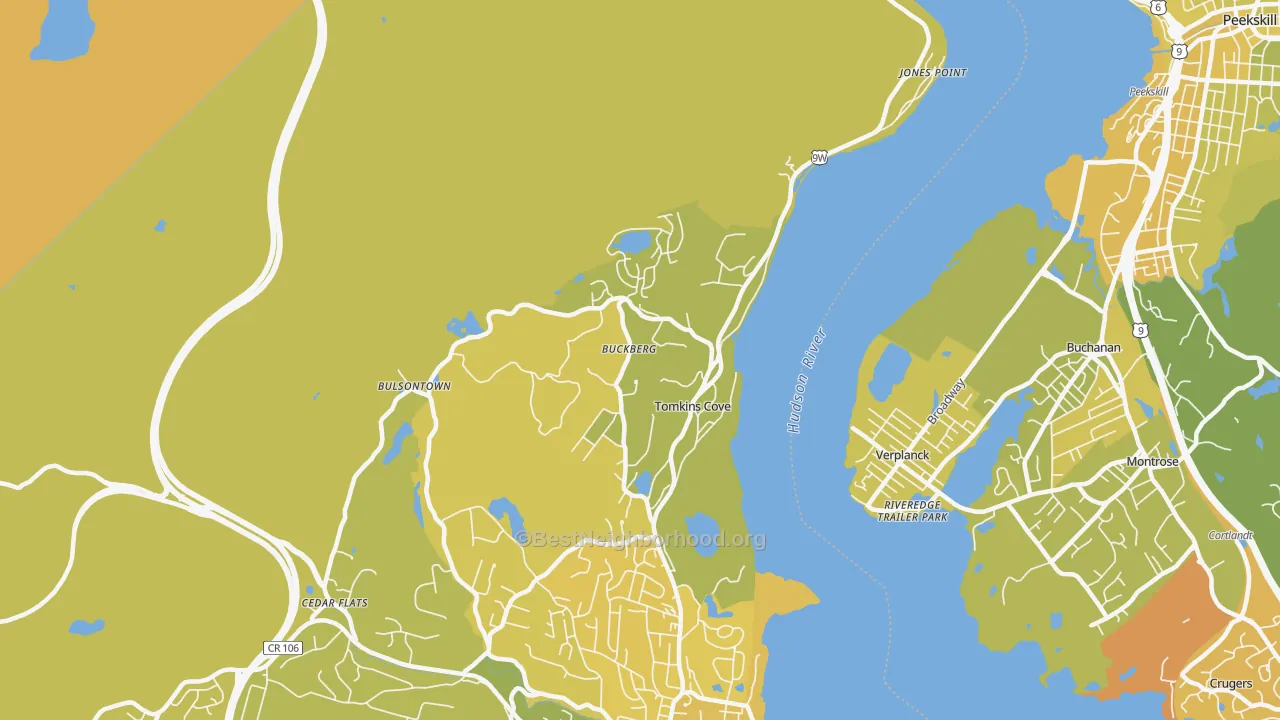 Map of the best neighborhoods in the Tomkins Cove area, with better matches in green and worse matches in red