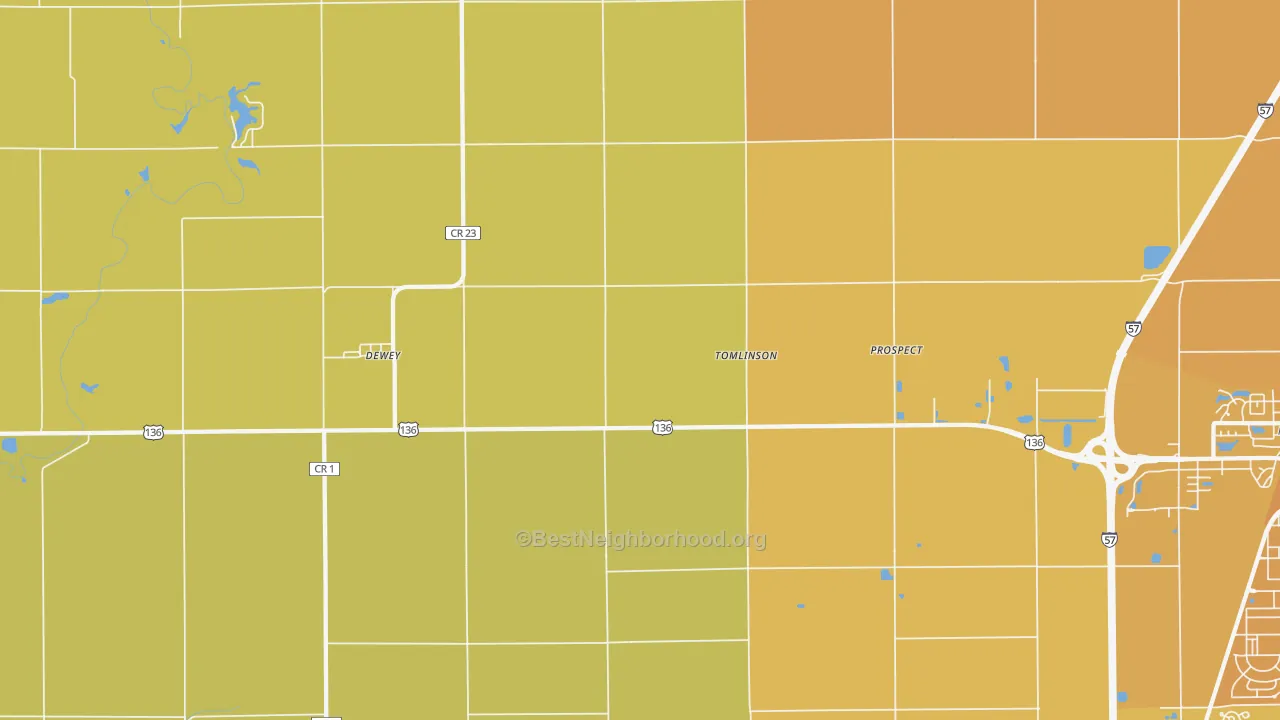 Map of the best neighborhoods in the Tomlinson area, with better matches in green and worse matches in red