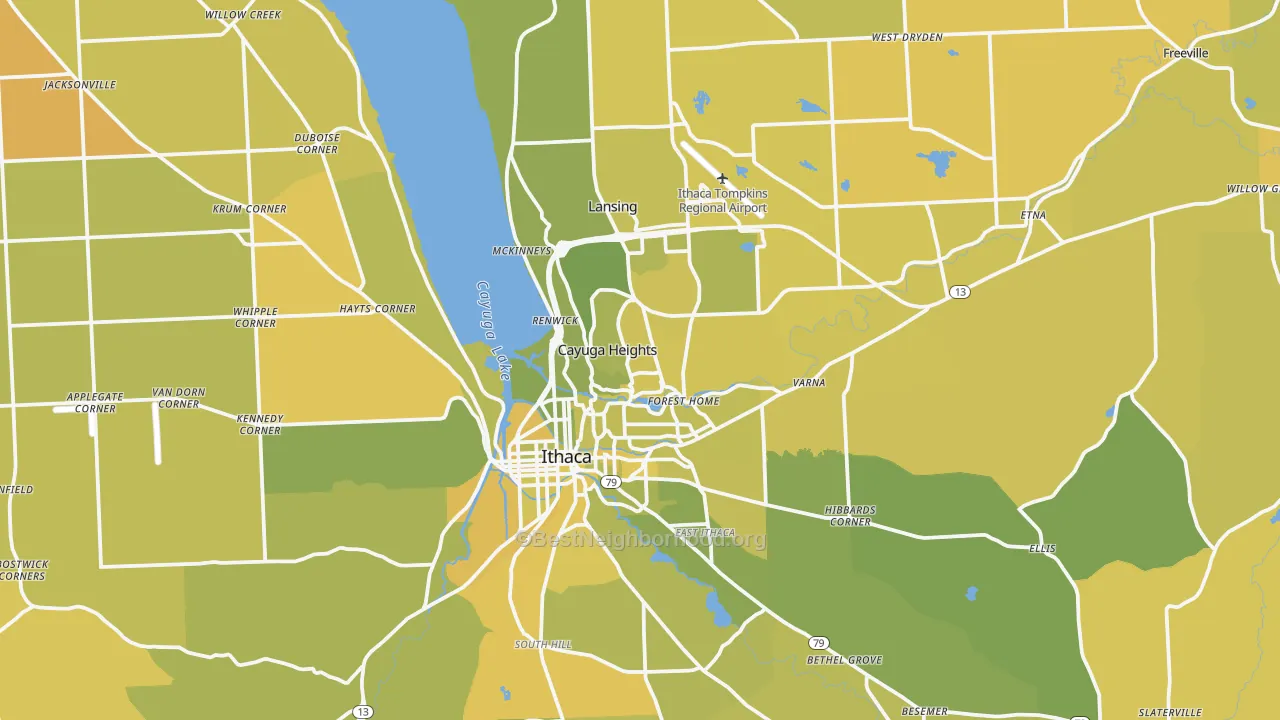 Map of the best neighborhoods in the Tompkins County area, with better matches in green and worse matches in red