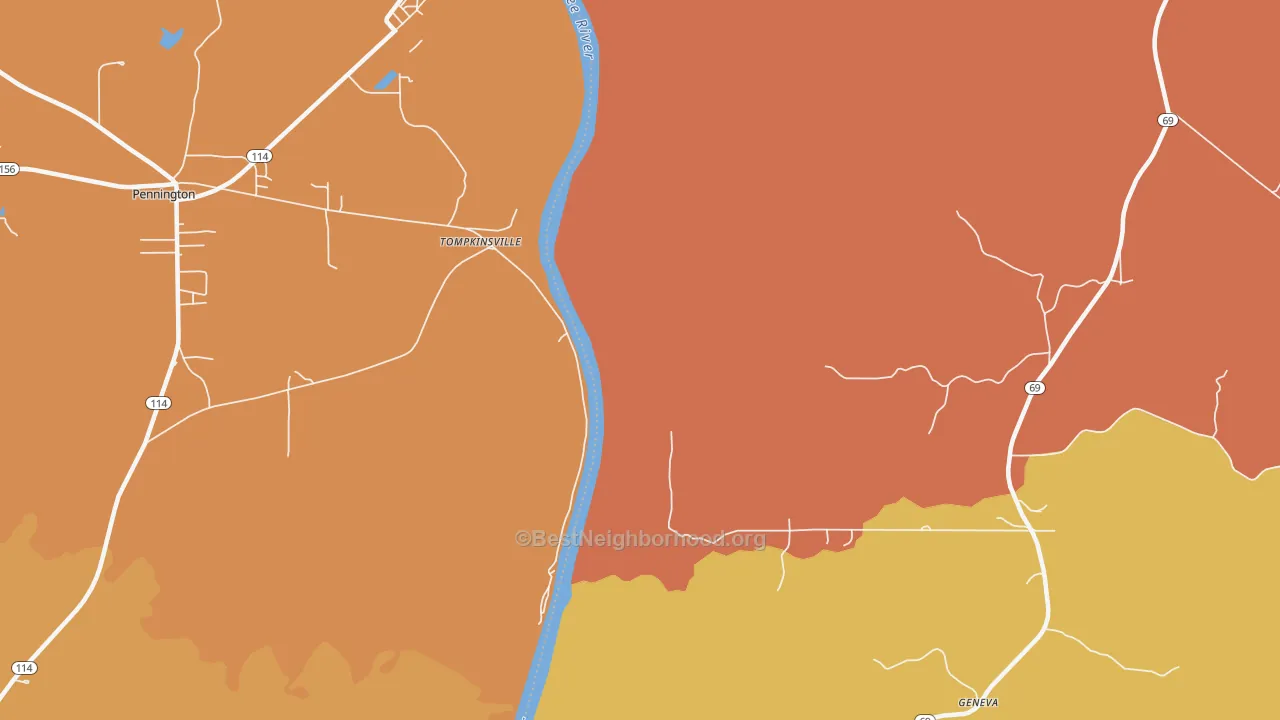Map of the best neighborhoods in the Tompkinsville area, with better matches in green and worse matches in red