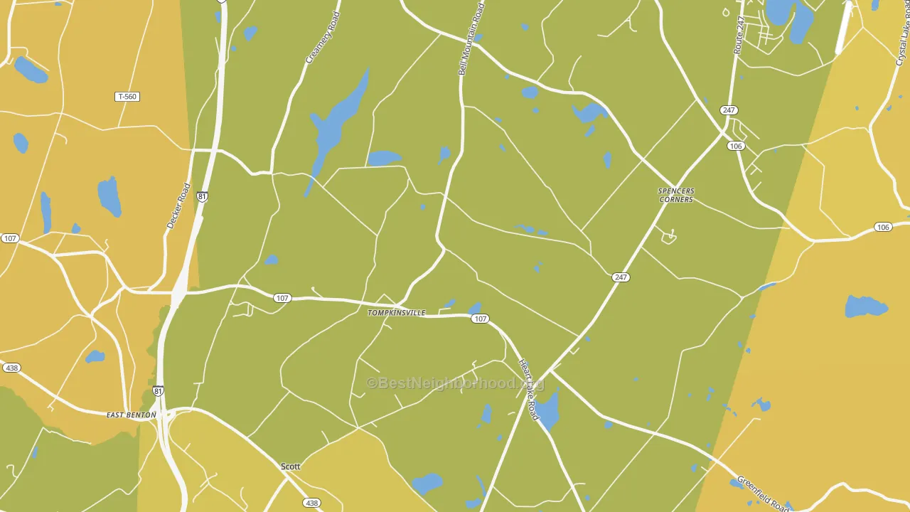 Map of the best neighborhoods in the Tompkinsville area, with better matches in green and worse matches in red