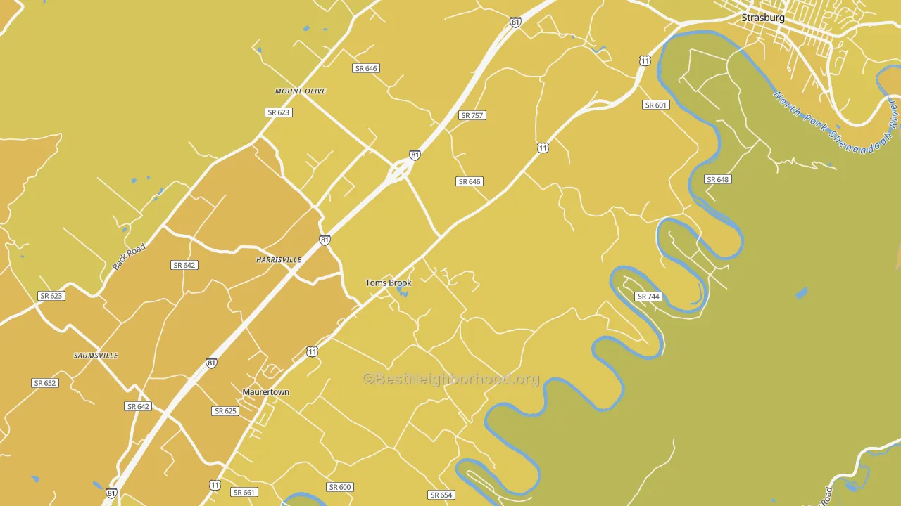Map of the best neighborhoods in the Toms Brook area, with better matches in green and worse matches in red