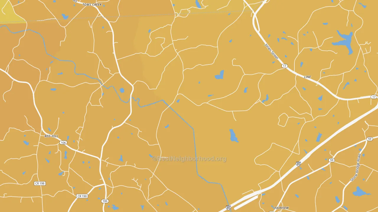 Map of the best neighborhoods in the Toms Creek area, with better matches in green and worse matches in red