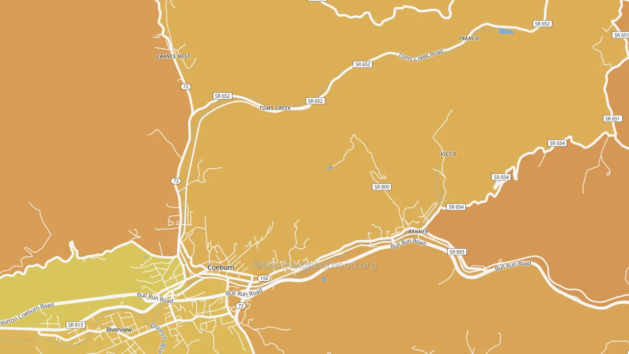Map of the best neighborhoods in the Toms Creek area, with better matches in green and worse matches in red