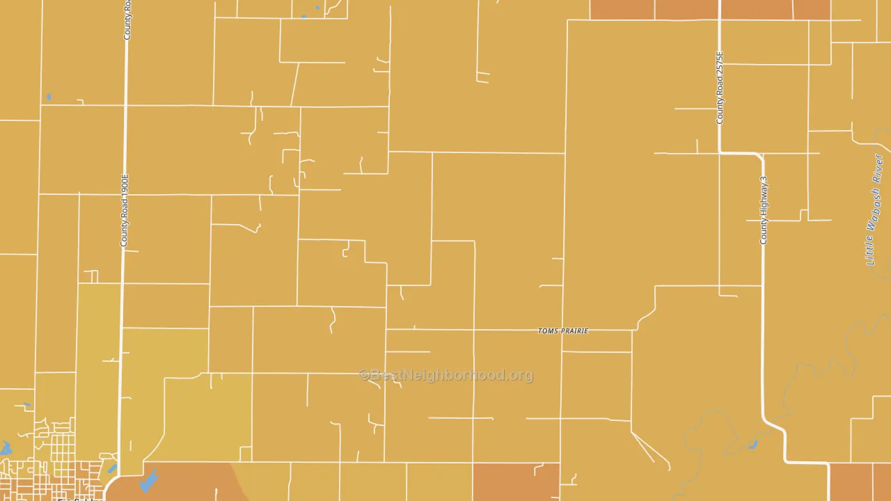 Map of the best neighborhoods in the Toms Prairie area, with better matches in green and worse matches in red
