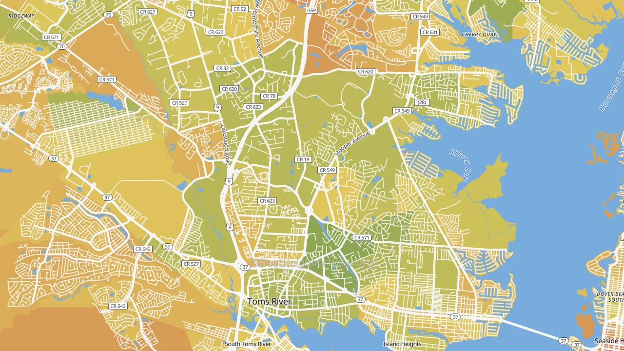 Map of the best neighborhoods in the Toms River area, with better matches in green and worse matches in red