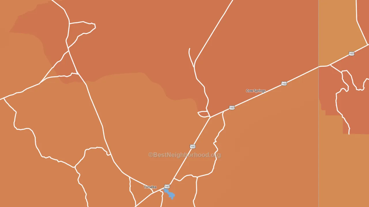Map of the best neighborhoods in the Tonalea area, with better matches in green and worse matches in red