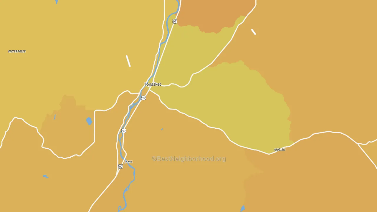 Map of the best neighborhoods in the Tonasket area, with better matches in green and worse matches in red