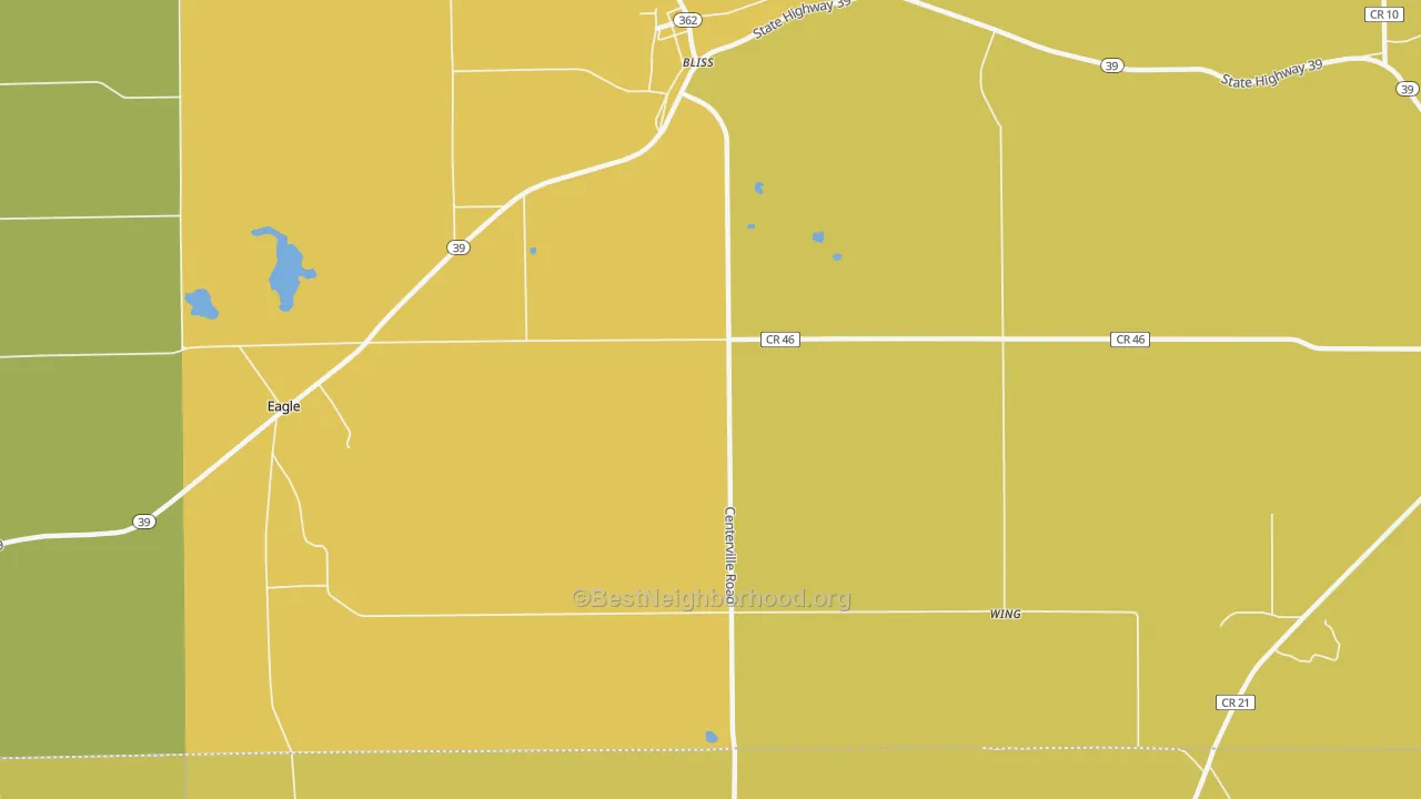 Map of the best neighborhoods in the Tonawanda Indian Reservation area, with better matches in green and worse matches in red