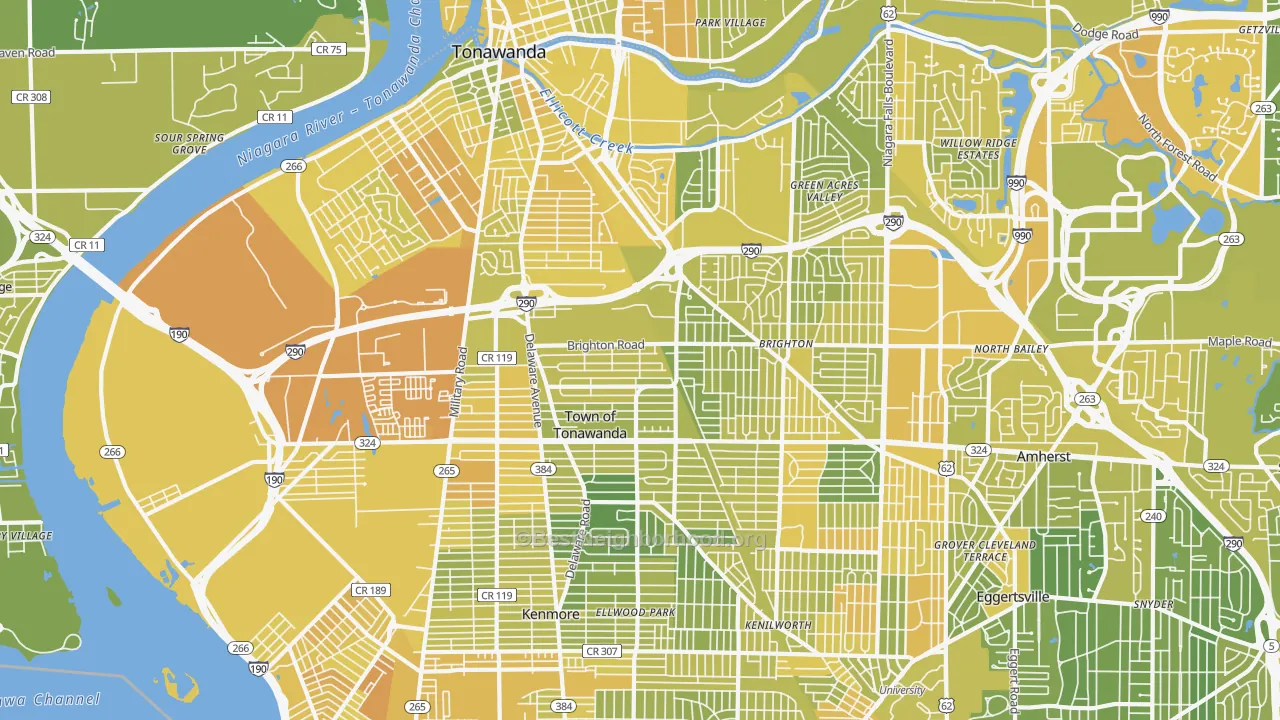 Map of the best neighborhoods in the Tonawanda area, with better matches in green and worse matches in red