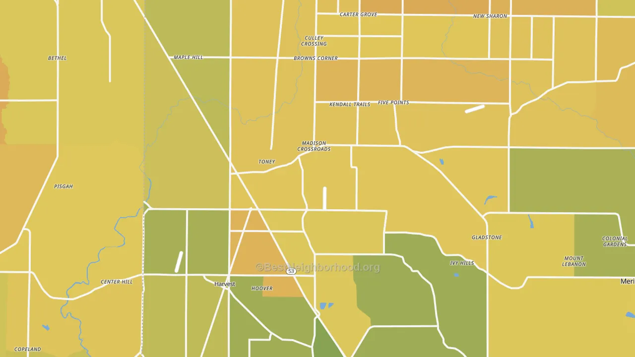 Map of the best neighborhoods in the Toney area, with better matches in green and worse matches in red