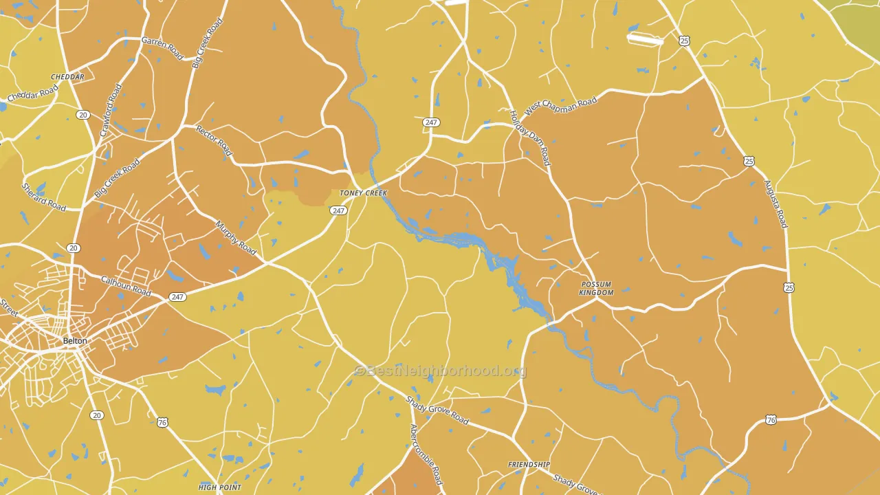 Map of the best neighborhoods in the Toney Creek area, with better matches in green and worse matches in red