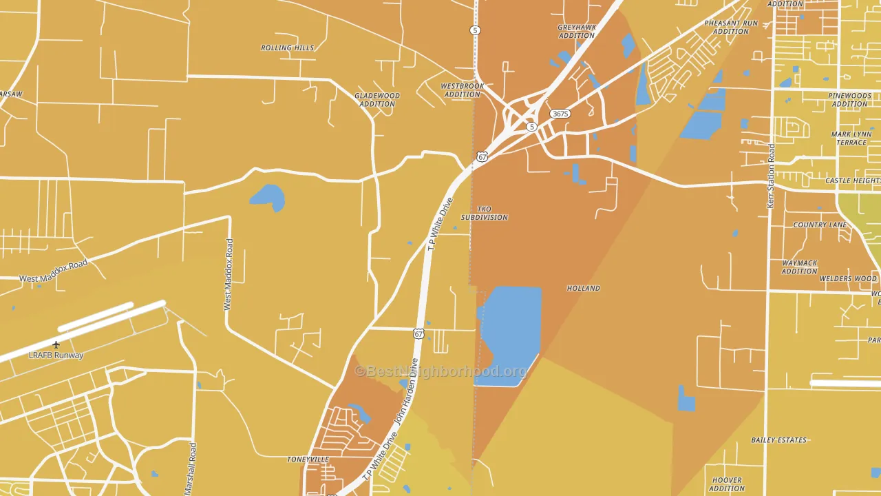 Map of the best neighborhoods in the Toneyville area, with better matches in green and worse matches in red