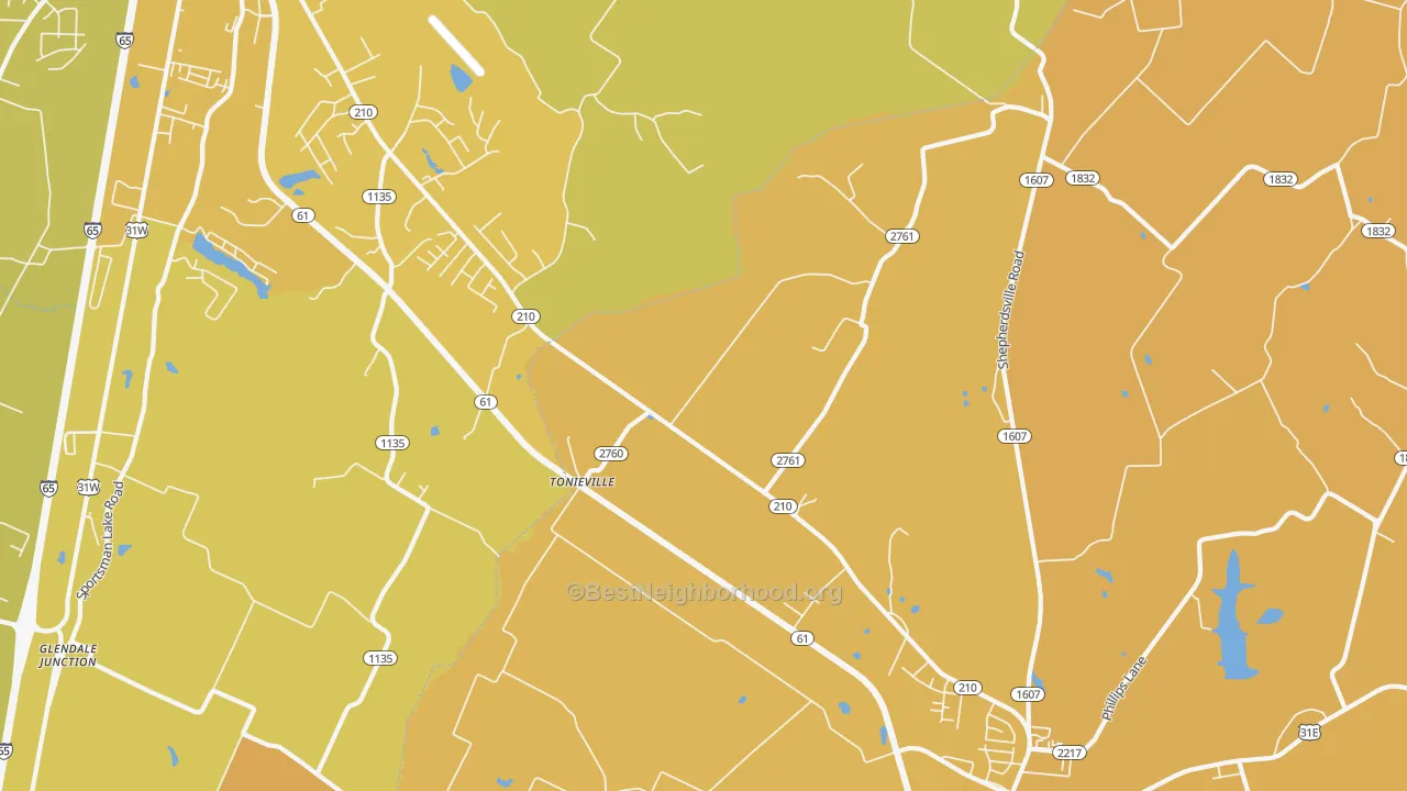 Map of the best neighborhoods in the Tonieville area, with better matches in green and worse matches in red
