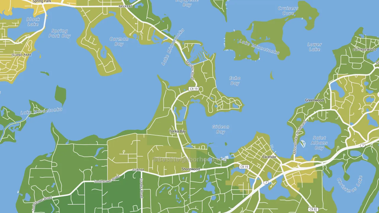 Map of the best neighborhoods in the Tonka Bay area, with better matches in green and worse matches in red