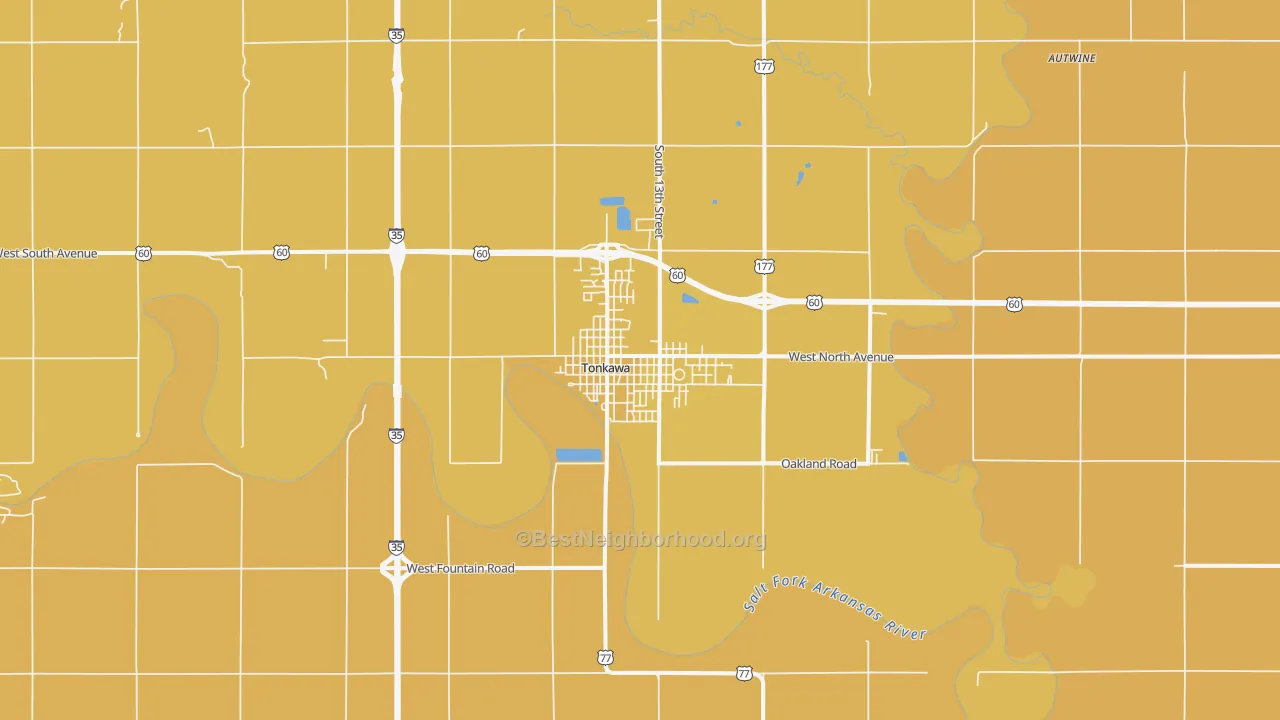 Map of the best neighborhoods in the Tonkawa area, with better matches in green and worse matches in red