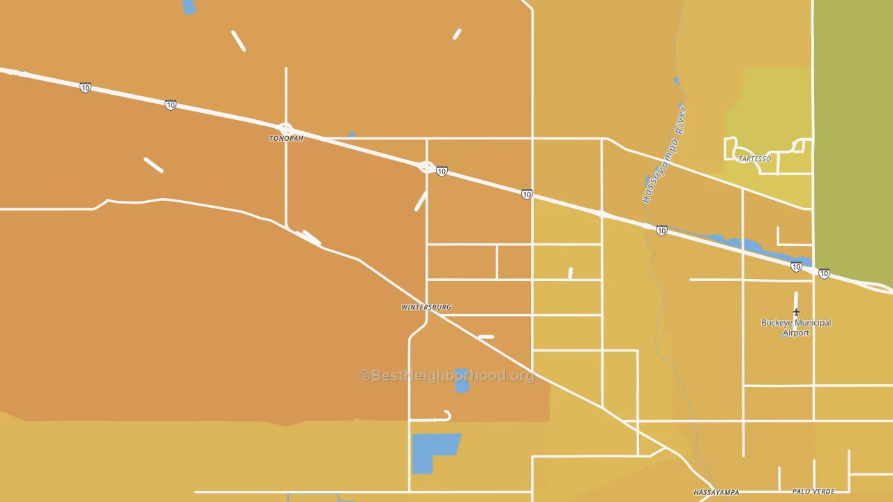 Map of the best neighborhoods in the Tonopah area, with better matches in green and worse matches in red