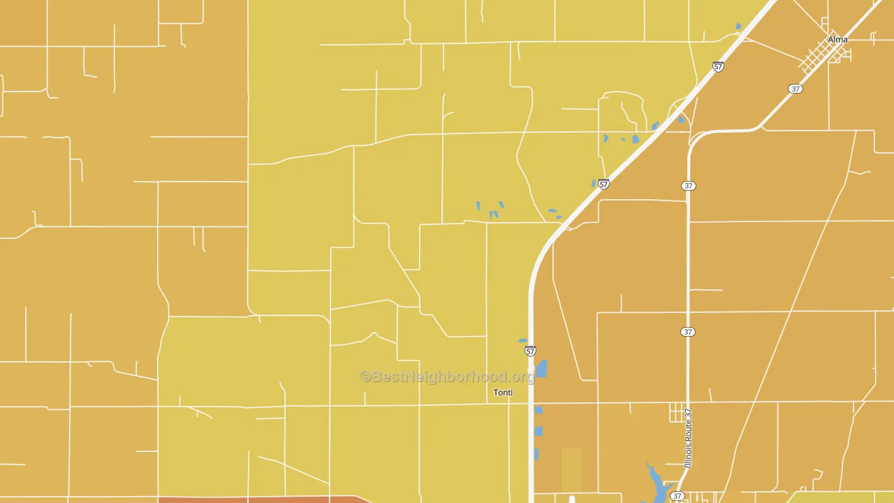 Map of the best neighborhoods in the Tonti area, with better matches in green and worse matches in red