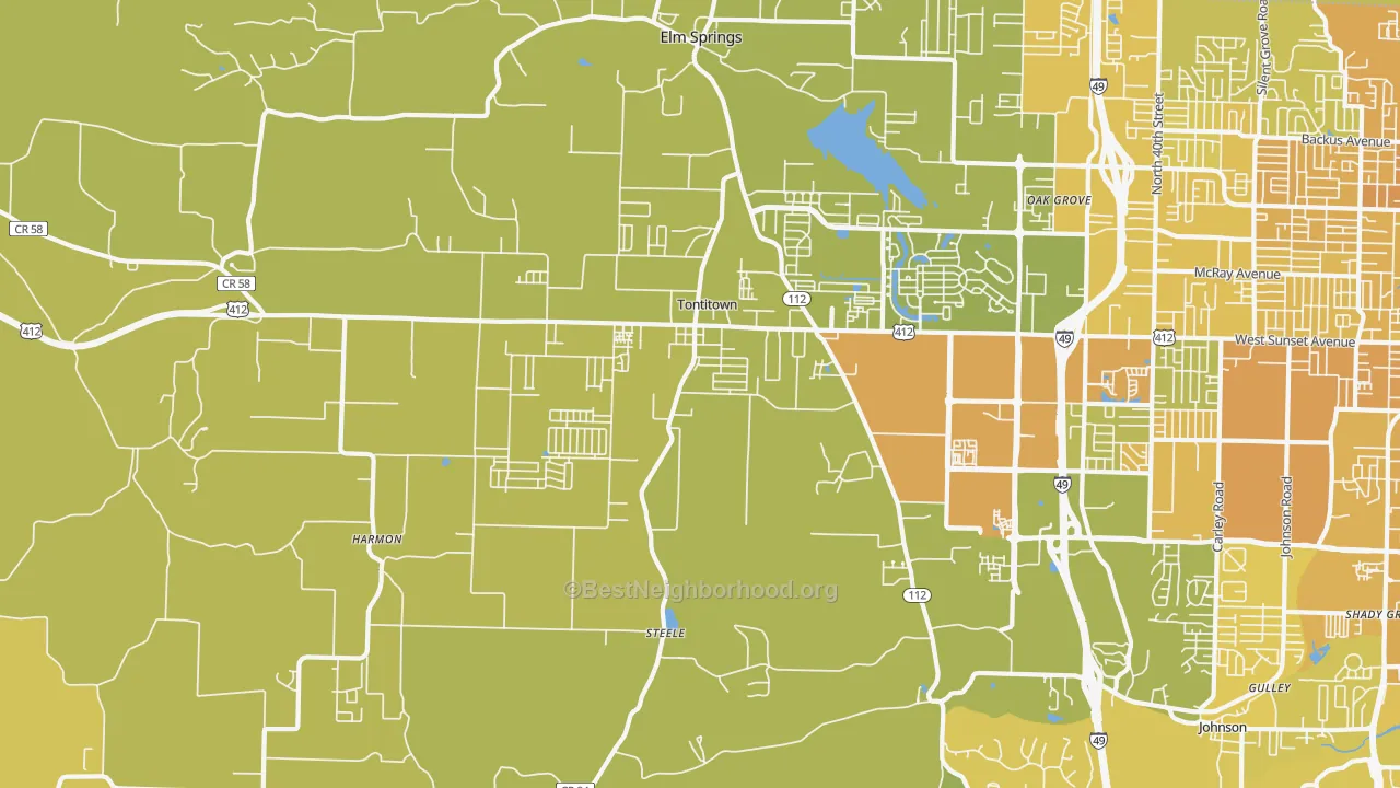 Map of the best neighborhoods in the Tontitown area, with better matches in green and worse matches in red