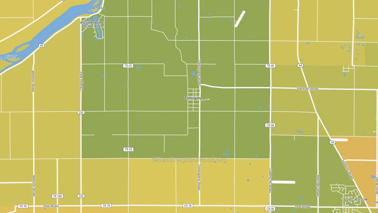 Map of the best neighborhoods in the Tontogany area, with better matches in green and worse matches in red
