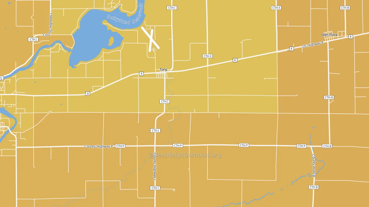 Map of the best neighborhoods in the Tony area, with better matches in green and worse matches in red