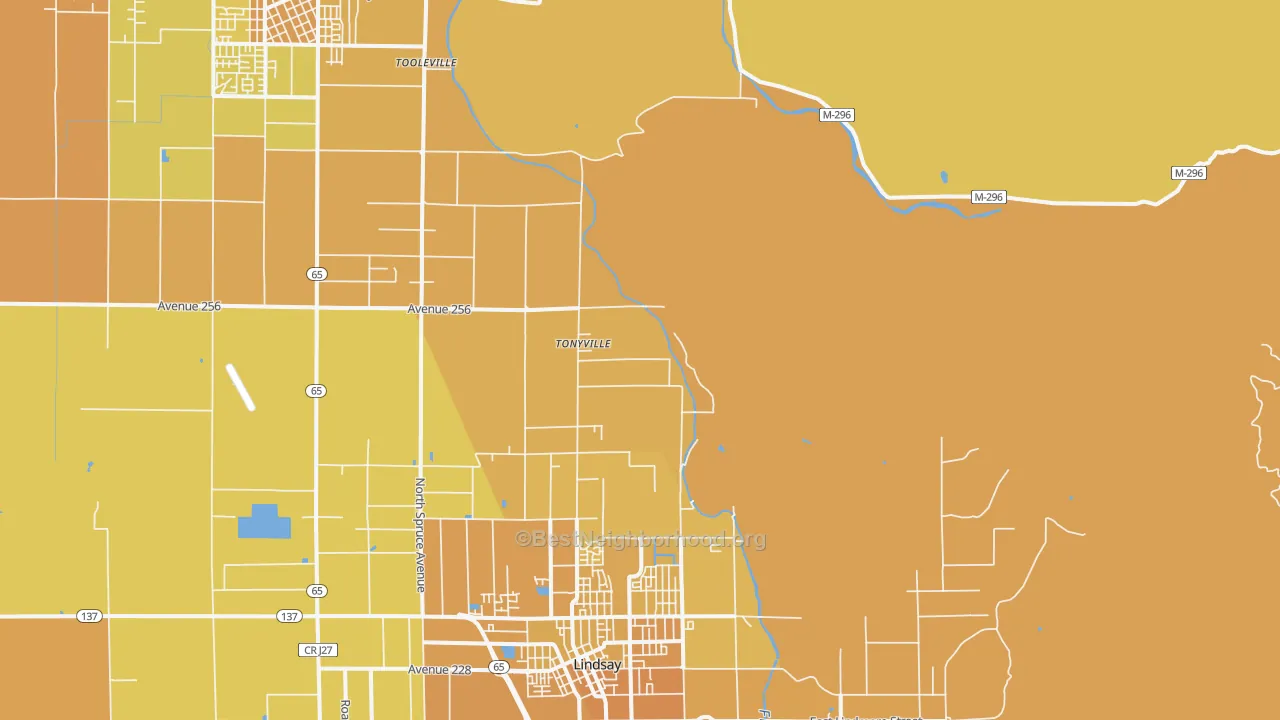 Map of the best neighborhoods in the Tonyville area, with better matches in green and worse matches in red
