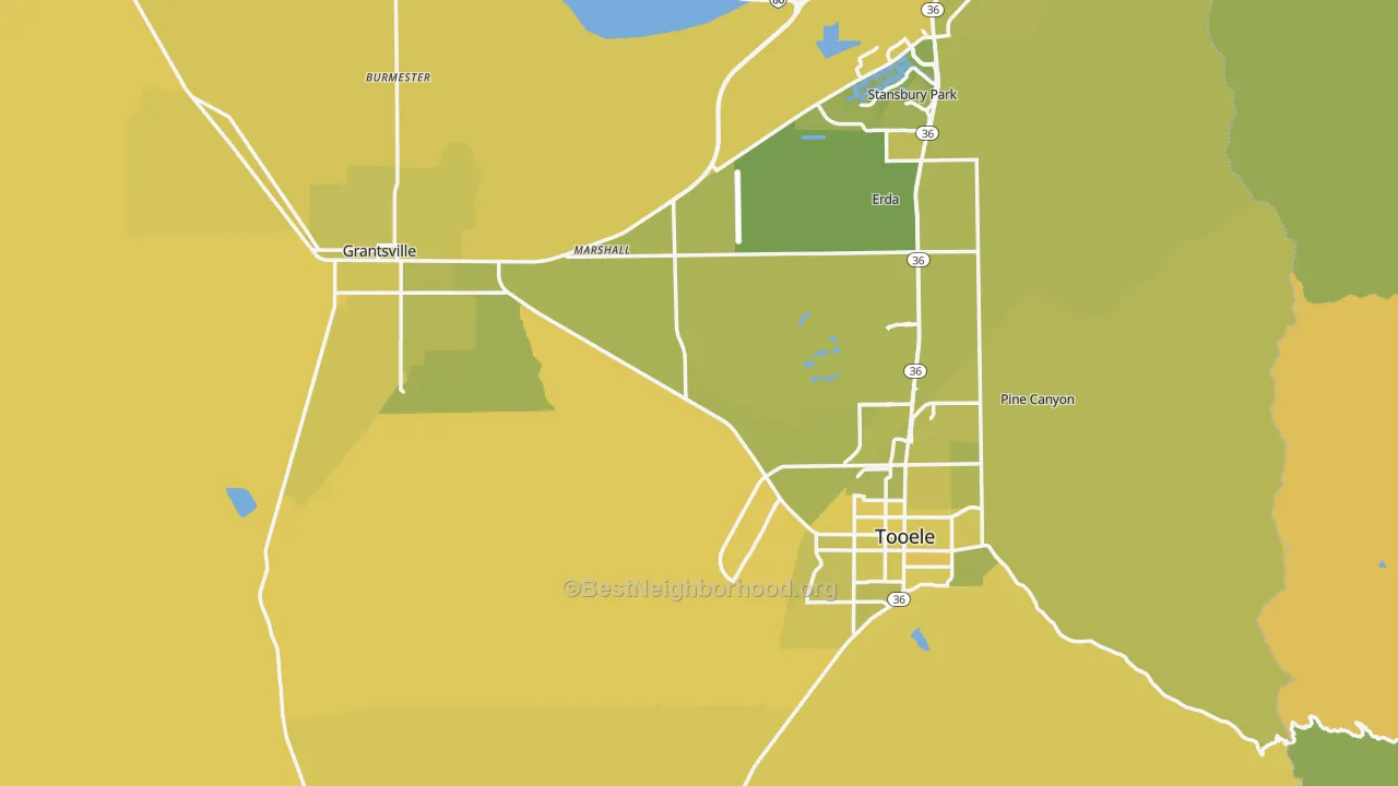Map of the best neighborhoods in the Tooele County area, with better matches in green and worse matches in red